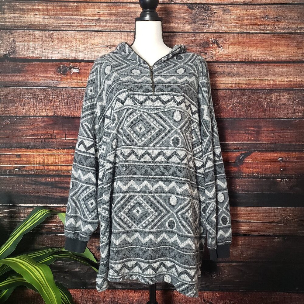 Style New York Vintage 80s 90s Large Aztec Quarter Zip Hooded Sweater Hoodie USA